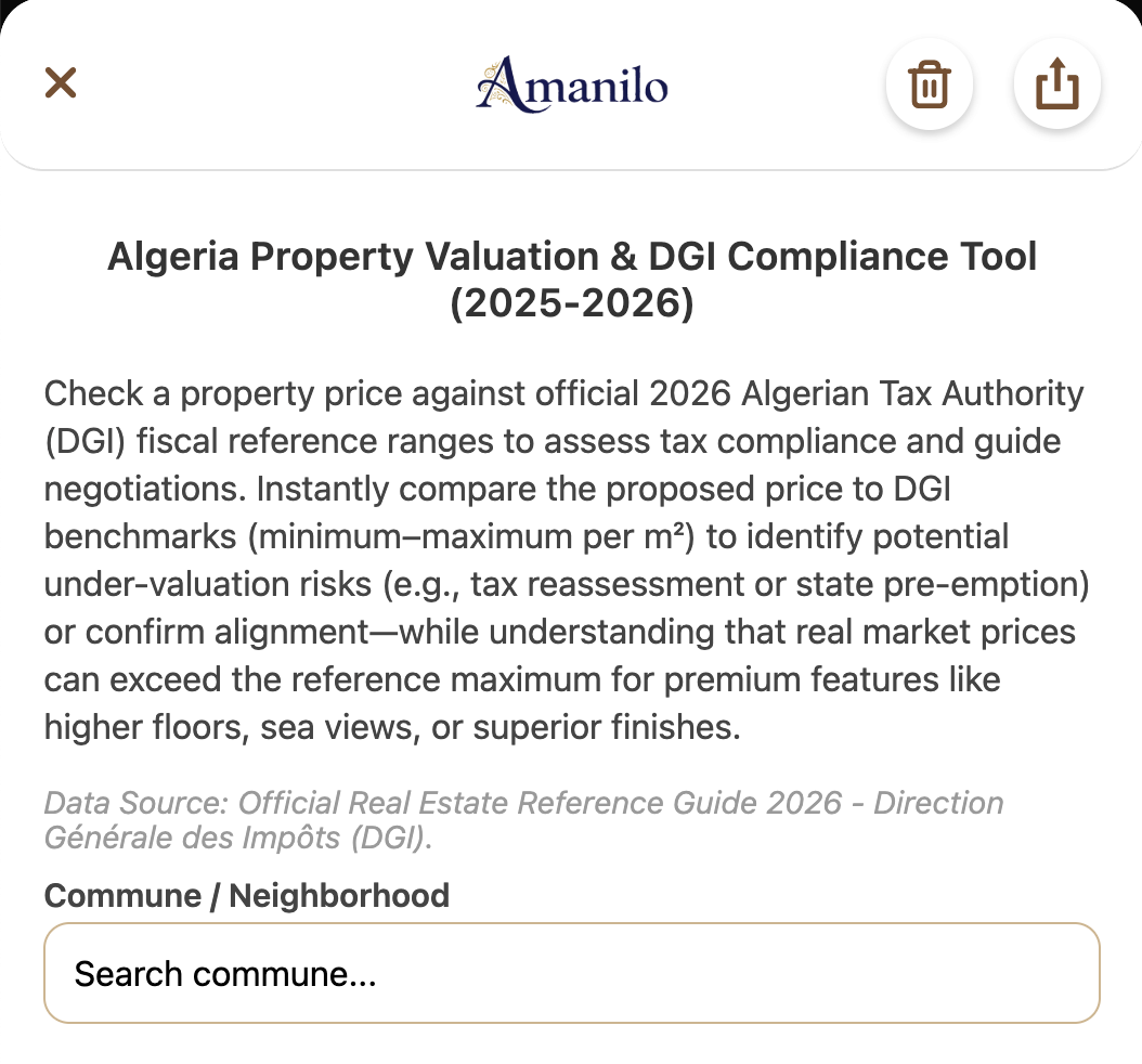 Screenshot of Amanilo DGI Compliance Tool interface showing Algiers and Oran reference prices
