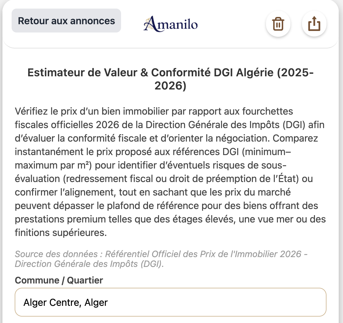 Interface de l'outil de conformité DGI Amanilo montrant les prix de référence pour Alger et Oran