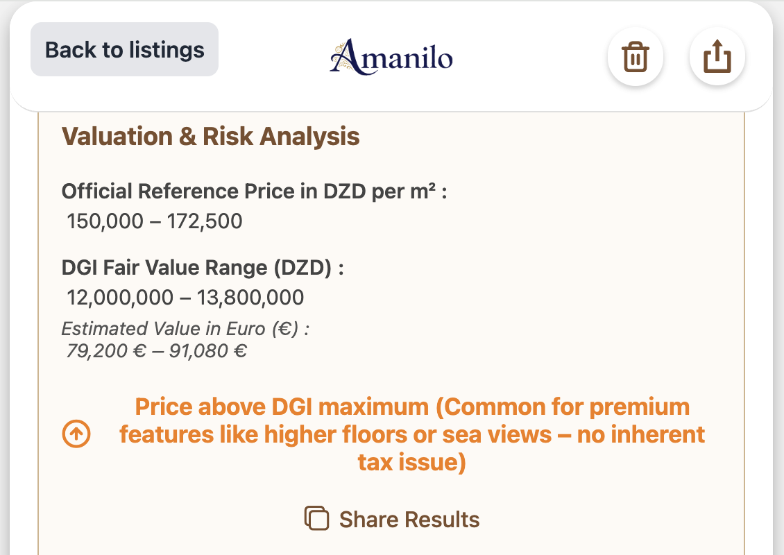 Example result from Amanilo DGI Compliance Tool showing reference range and risk message