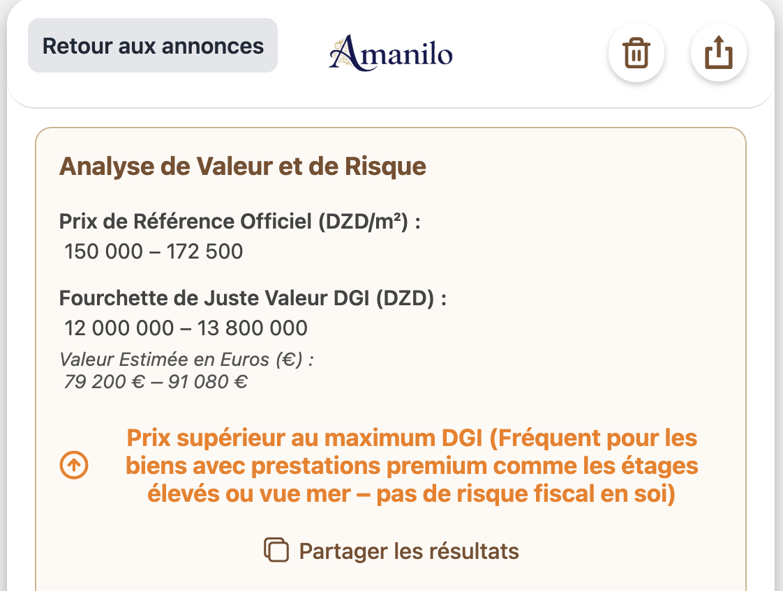 Exemple de résultat de l'outil Amanilo montrant la zone de risque et les références fiscales